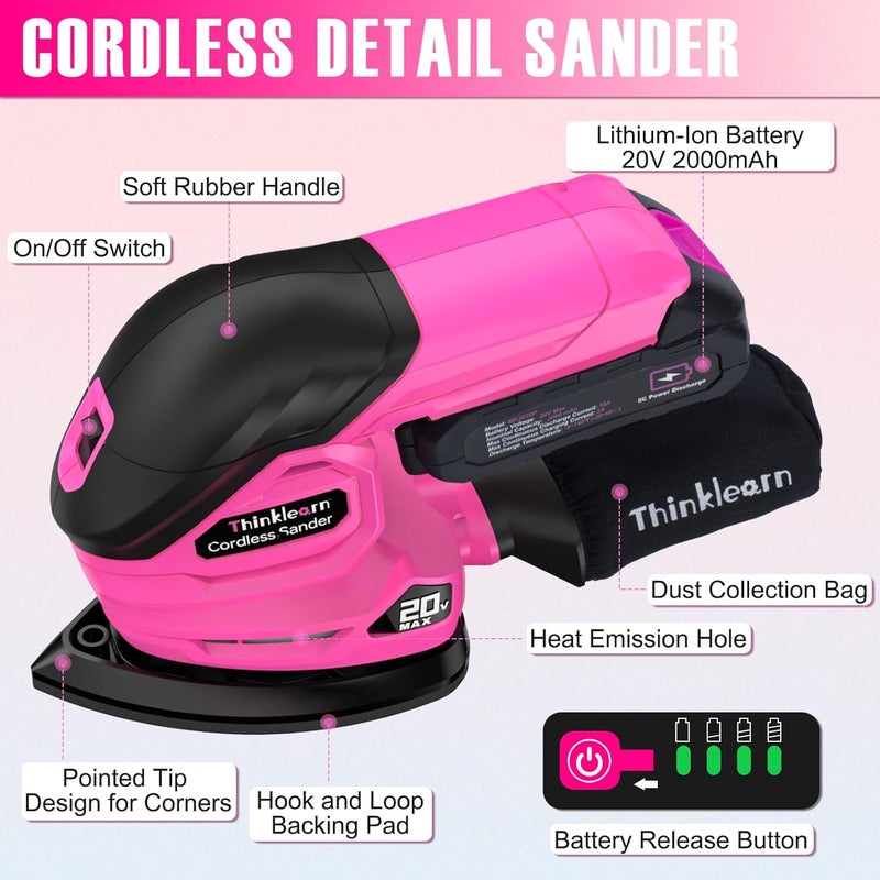 ThinkLearn Cordless Detail Sander - 20V Electric Hand Sander with 22Pcs Sandpapers, 12000 RPM Mouse Sander with Dust Bag, Compact Palm Sander Tool for Woodworking, 2.0Ah Battery and Charger Included - Image 2